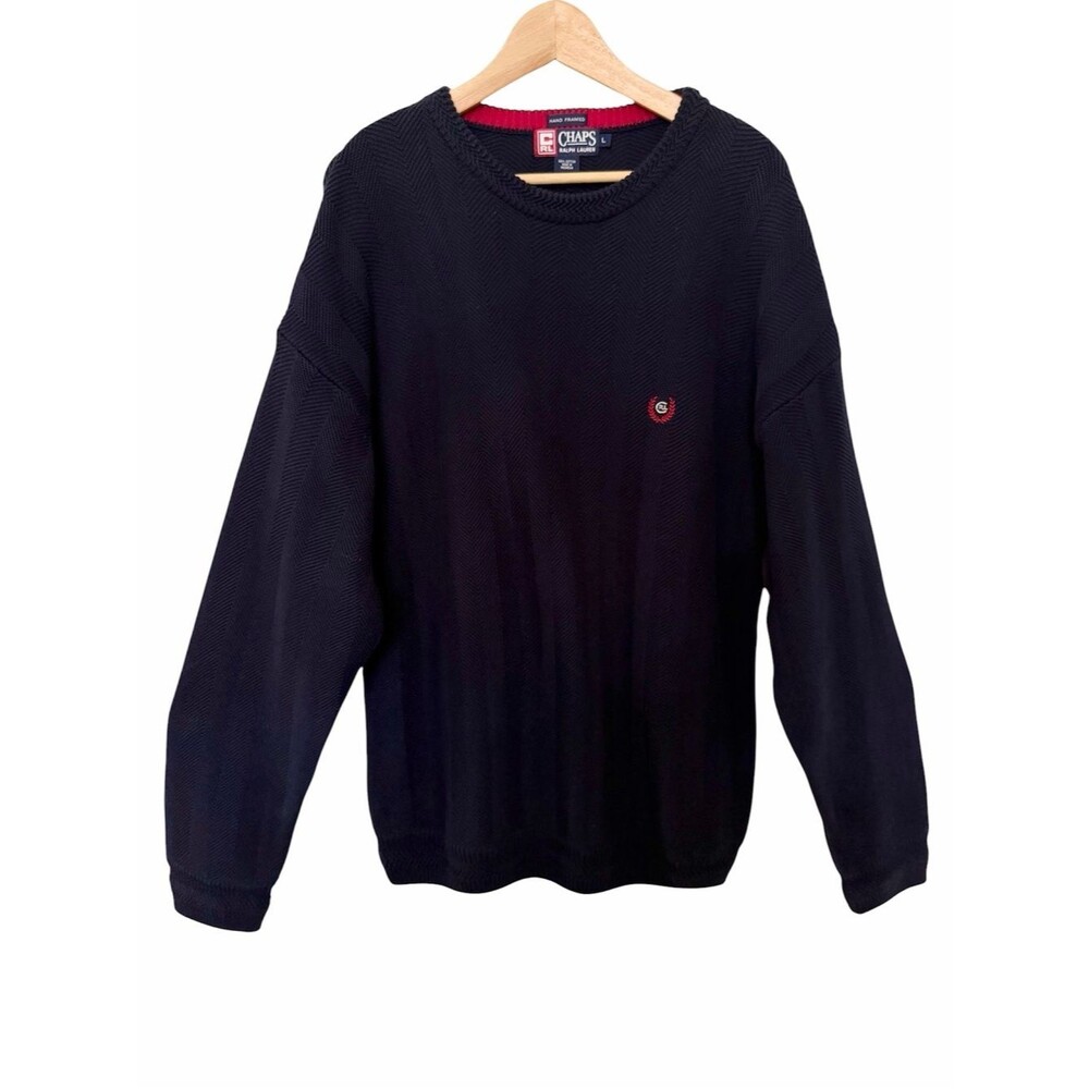 Vtg Chaps Ralph Lauren Hand Framed Herringbone Knit Sweater Cotton Men L Navy